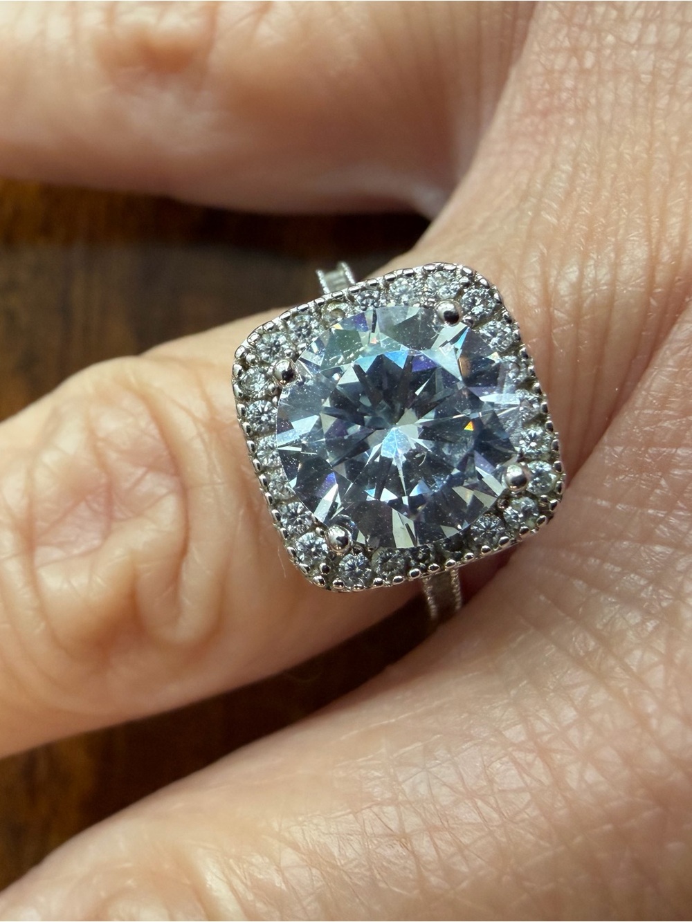 Sparkling White Sterling Silver and CZ Halo Solitaire Ring - Women Jewelry